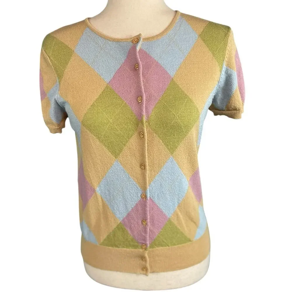 White + Warren Argyle Knit Cardigan Grandmillennial Coquette Preppy Medium